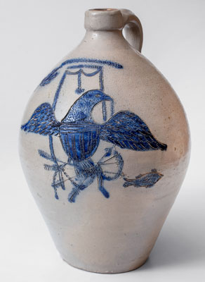 Highly Important BARNABAS EDMANDS & CO. / CHARLESTOWN Stoneware Jug w/ Elaborate Incised Federal Eagle and Fish Decoration