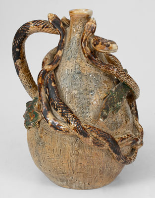 Extremely Rare Stoneware Snake Temperance Jug attrib. Texarkana Pottery (Jacob Bachley, Texarkana, AR)