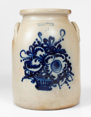 J. & E. NORTON / BENNINGTON, VT Stoneware Jar w/ Slip-Trailed Floral Basket Decoration