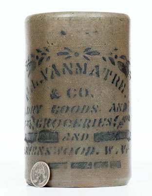 Very Rare Small-Sized RAVENSWOOD, W. VA Stoneware Advertising Canning Jar w/ Elaborate Stencil