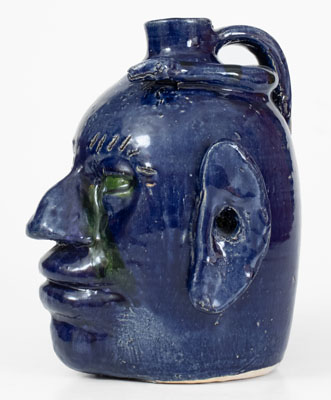 Extremely Rare Blue-Glazed Edwin Meaders Face Jug w/ Snake, Cleveland, GA, 1995