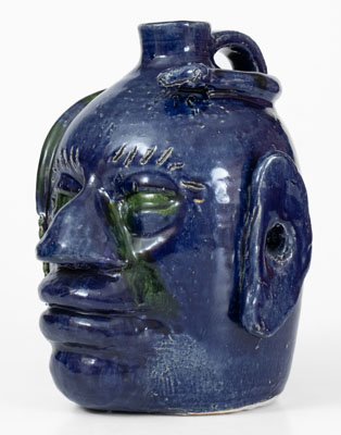 Extremely Rare Blue-Glazed Edwin Meaders Face Jug w/ Snake, Cleveland, GA, 1995
