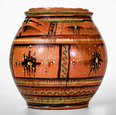 Rare and Important Alamance County, North Carolina Redware Sugar Jar, c1790-1820