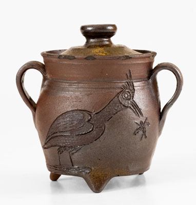 Attrib. Chester Webster, Randolph County, NC Stoneware Sugar Bowl w/ Incised Heron Design, c1855