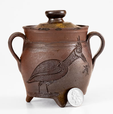 Exceptional Chester Webster, Randolph County, NC, Stoneware Sugar Bowl w/ Incised Bird and Insect Decoration