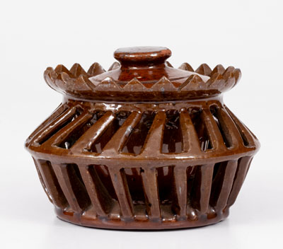 Rare and Fine Pierced Pennsylvania Redware Sugar Bowl, 19th century