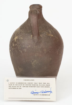 Quart-Sized Iron-Dipped Stoneware Jug, attrib. Chester Webster, Fayetteville, NC, c1825