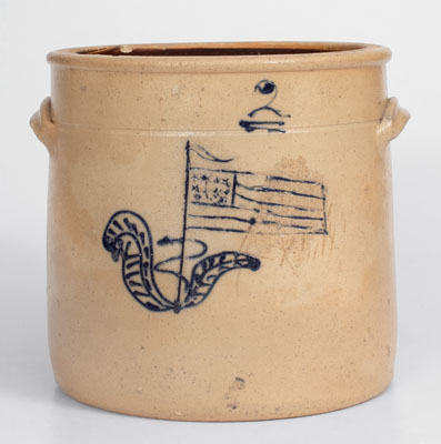 Rare Midwestern Stoneware Crock w/ Incised American Flag Decoration