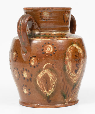 Exceptional Redware Vase w/ Profuse Three-Color Slip Floral Decoration, PA or MD origin