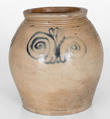 Very Rare Small-Sized Ovoid Stoneware Jar w/ Watchspring Decoration, Manhattan, 18th century