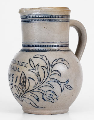 Extremely Rare and Important Small-Sized R. C. REMMEY / PHILADA. Stoneware Pitcher w/ Incised Decoration