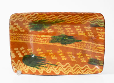 Exceptional Large-Sized Philadelphia Redware Loaf Dish w/ Elaborate Yellow and Green Slip Decoration, 18th century