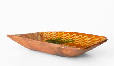 Exceptional Large-Sized Philadelphia Redware Loaf Dish w/ Elaborate Yellow and Green Slip Decoration, 18th century