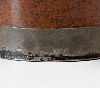 Scarce Redware Pitcher w/ Tin Band Marked PAT. JUN, 27, 1876, F. SCHIFFERLE, ST. LOUIS, MO