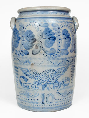 Outstanding 10 Gal. STAR POTTERY Stoneware Jar w/ Stenciled Eagle and Profuse Floral Decoration, Greensboro, PA