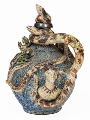 Important Anna Pottery Stoneware Snake Jug w/ Elaborate Applied Figural and Brushed Cobalt Decoration