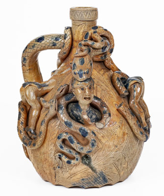 Important Signed Anna Pottery / Anna Ills Stoneware Snake Jug w/ Elaborate Figural Decoration
