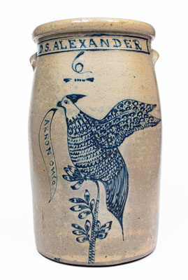Exceptional 6 Gal. AKRON OHIO Stoneware Presentation Churn w/ Elaborate Game Bird Decoration