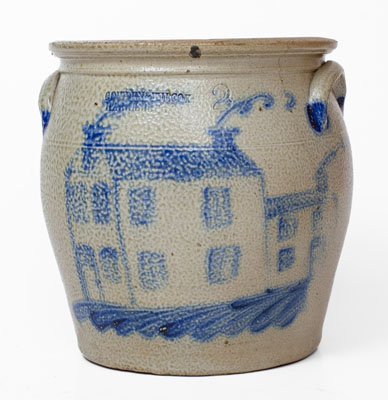 Exceedingly Rare COWDEN & WILCOX / HARRISBURG, PA Stoneware Jar w/ Elaborate House Decoration