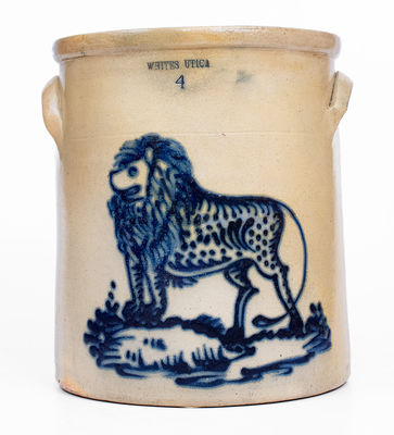 Exceptional WHITES UTICA 4 Gal. Stoneware Crock w/ Bold Standing Lion Decoration