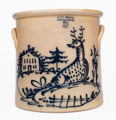 Exceptional 5 Gal. J. & E. NORTON / BENNINGTON, VT Stoneware Crock w/ Reclining Deer and House Decoration