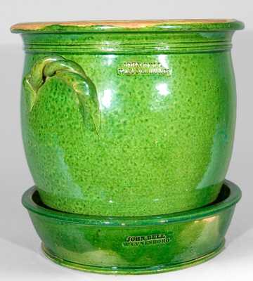 JOHN BELL / WAYNESBORO Redware Flower Urn & Saucer, Bright Green Glaze